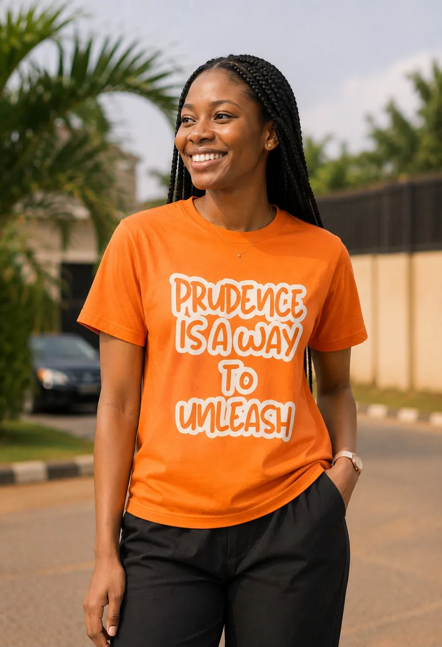 Young woman in the orange Prudence tee